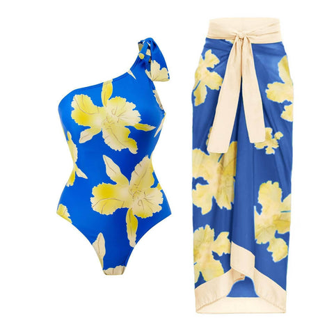 One Piece Printed Swimsuit Women's European And American Retro Single Shoulder Beach Skirt Set Swimwear