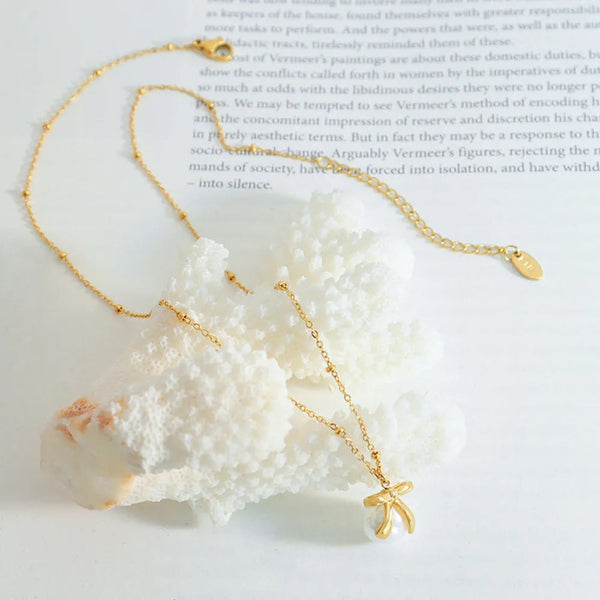 Titanium Steel Bow & Bead Pendant Necklace Necklaces & Pendants