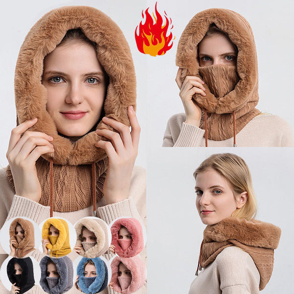 Winter Thick Plush Hat With Scarf Windproof Warm Knit Hats Hooded For Women Uni Scarves & Wraps
