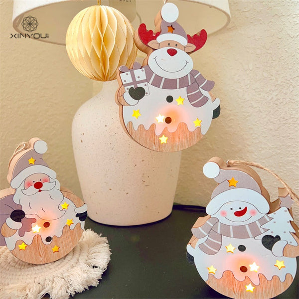 Christmas Nordic Style Decorations Window Display Santa Claus Snowman Glowing Wooden Hanging Ornament 2 Of Them Seasonal Decorations