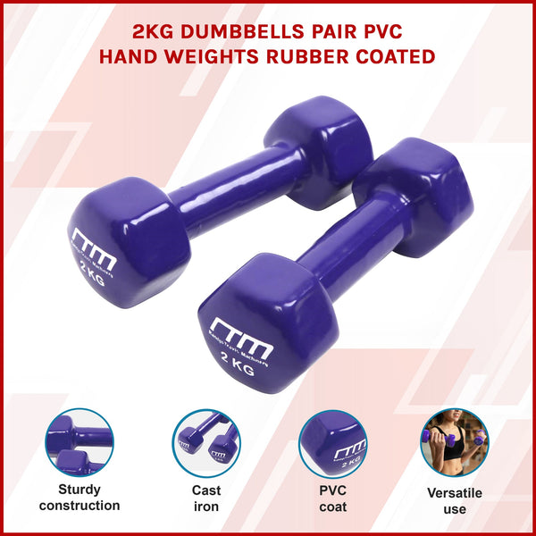 2Kg Pair Pvc Hand Weights Rubber Coated Dumbbells