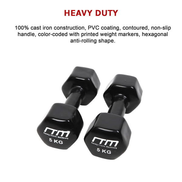 5Kg Pair Pvc Hand Weights Rubber Coated Dumbbells