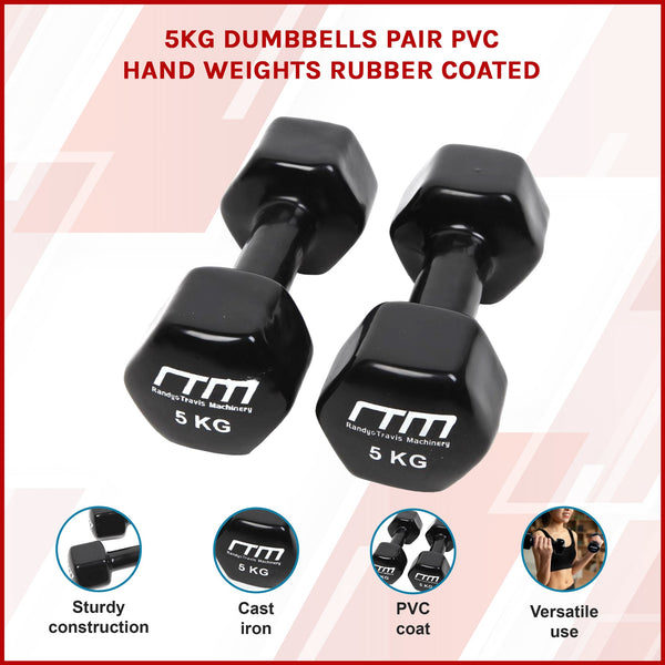 5Kg Pair Pvc Hand Weights Rubber Coated Dumbbells