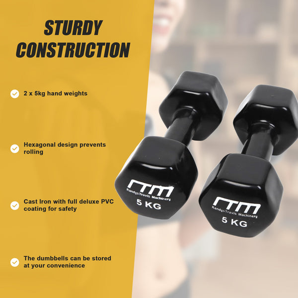 5Kg Pair Pvc Hand Weights Rubber Coated Dumbbells