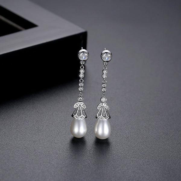 Shell Bead Brass Zircon Women's Long Style European And American Fashion Exquisite Commuting Accessories Earrings