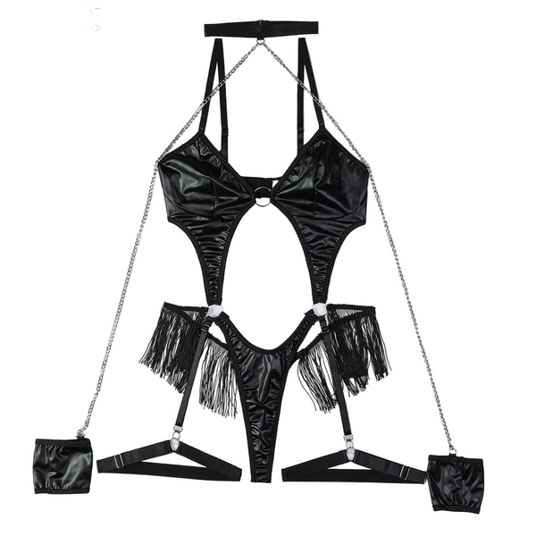Black Pu Leather Metallic Chain Neckline Hip Tassel Decorated Hollow Out  Jumpsuit Jumpsuits Rompers & Playsuits