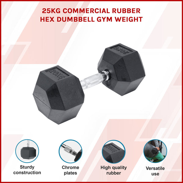25Kg Commercial Rubber Hex Dumbbell Gym Weight Dumbbells