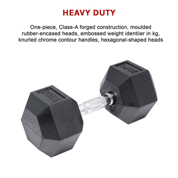 20Kg Commercial Rubber Hex Dumbbell Gym Weight Dumbbells