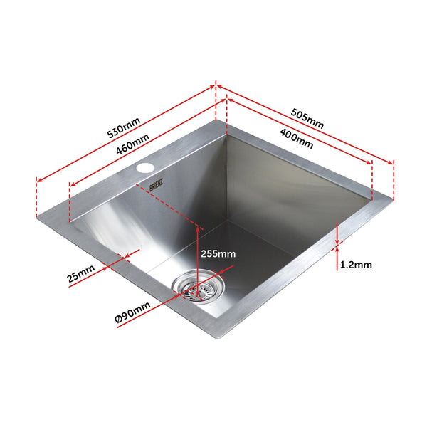 Brienz 530X505mm Handmade Stainless Steel Topmount Kitchen Laundry Sink With Waste Kitchen Sinks