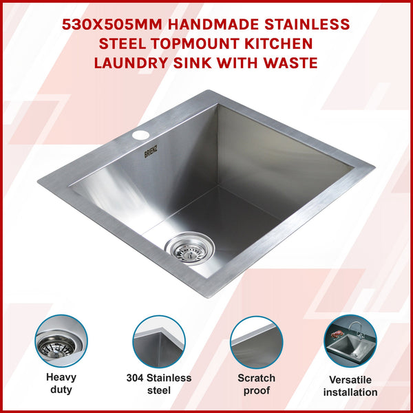 Brienz 530X505mm Handmade Stainless Steel Topmount Kitchen Laundry Sink With Waste Kitchen Sinks