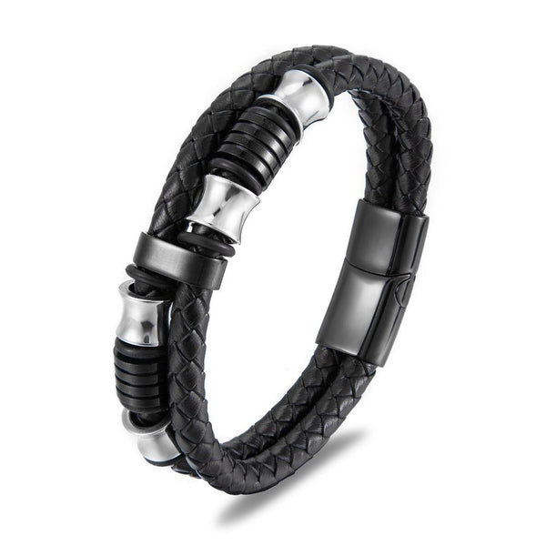 Veile Studios Black Leather Stainless Steel Mens Bracelet With Titanium And Rope Bracelets