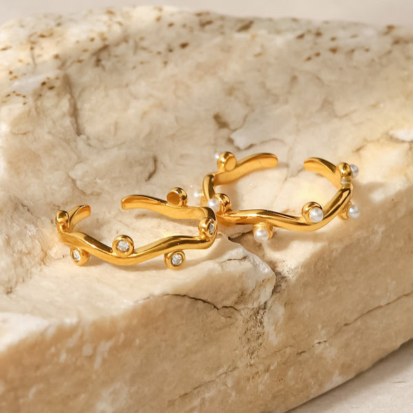 Veile Studios Titanium Steel 18K Gold Plated Irregular Inlaid White Pearl Open Ring Rings