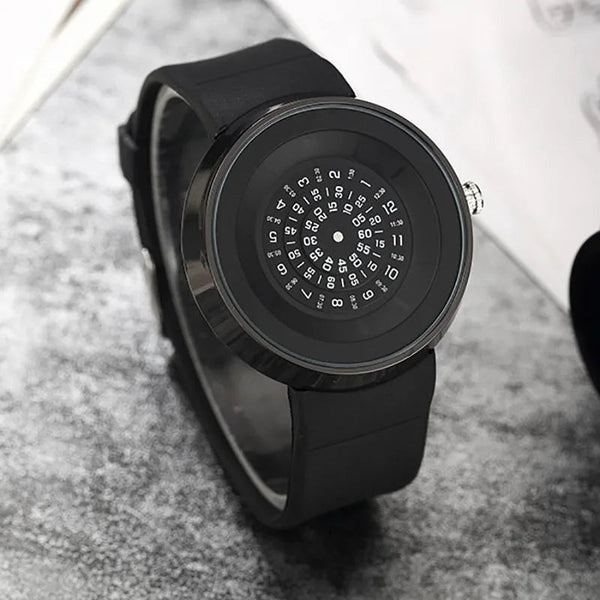 Unique Turntable Black Quartz Wristwatch Men Creative Time Code Watch Waterproof Design Light Sort Cool 3D Scale Watches