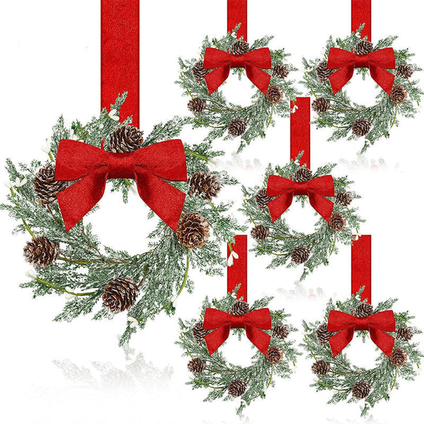 Farmhouse Mini Christmas Cabinet Wreaths Set Of 6 With Ribbon Tie Ons Seasonal Decorations