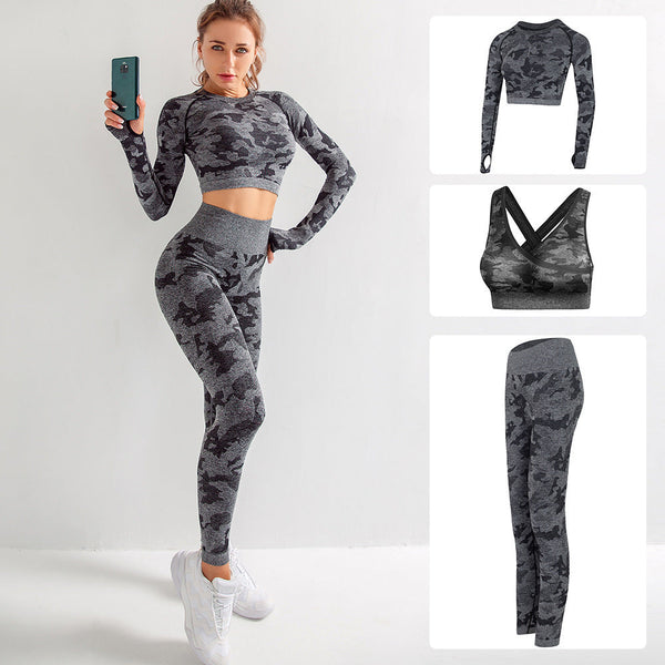 Camouflage 3 Piece Long Sleeved Bra Pants Sports Fitness Yoga Peach Hip Lifting Tight Set Tracksuits & Sets