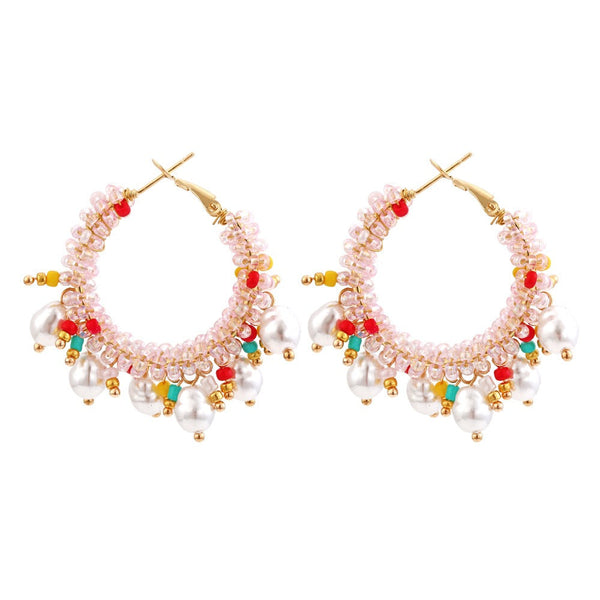Veile Studios Bohemian Crystal Pearl Beaded Women Fashion Hoop Jewelry Accessories Earrings