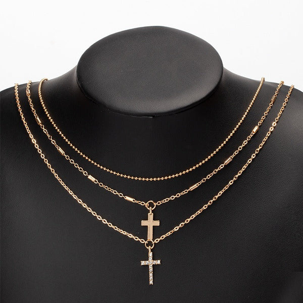 Veile Studios Full Diamond Cross Pendant Chain Necklace With Multiple Layered Accessories Necklaces & Pendants