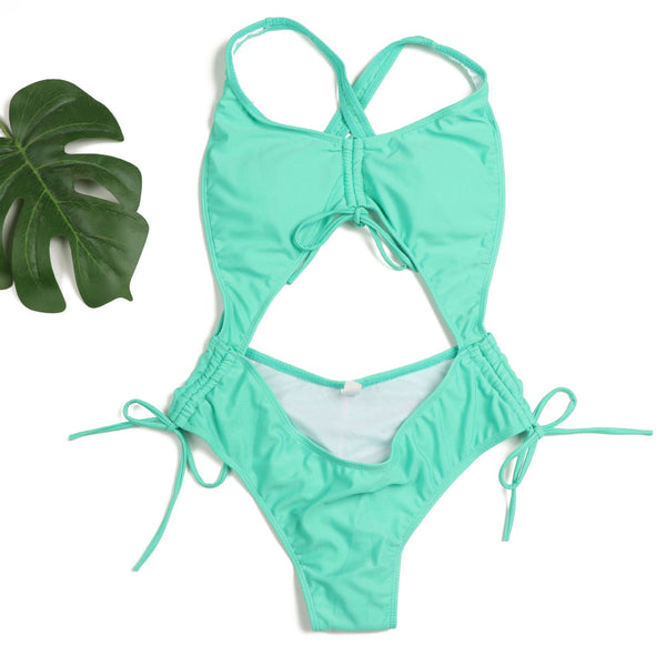 One Piece Swimsuit Backless Solid Color Gathering Bikini Swimwear