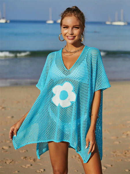 Openwork Flower V Neck Short Sleeve Cover Up Swimwear