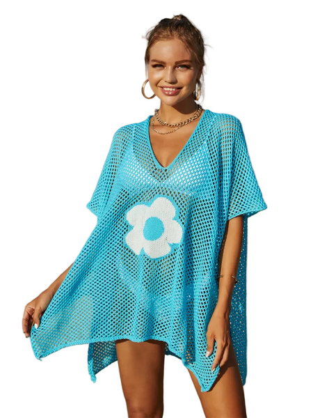 Openwork Flower V Neck Short Sleeve Cover Up Swimwear