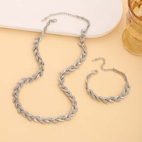 Luxury Leaf Shaped Rhinestone Bracelet And Necklace Set Sparkling Mermaid Full Party Jewelry For Women Bracelets