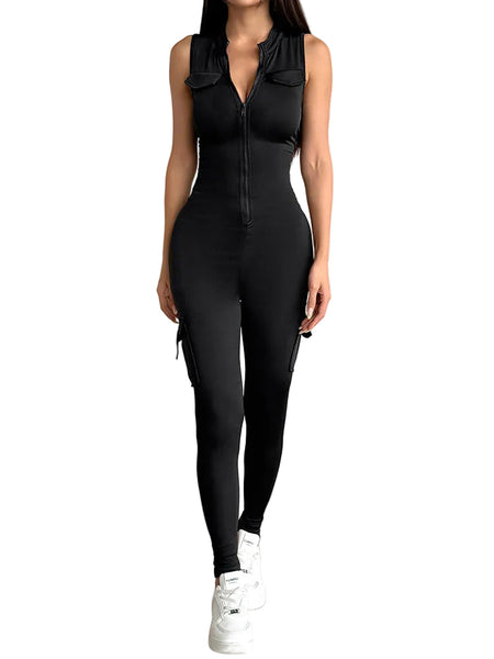Fitted Zipper High Waist Pocket Sports Jumpsuit For Women Jumpsuits Rompers & Playsuits