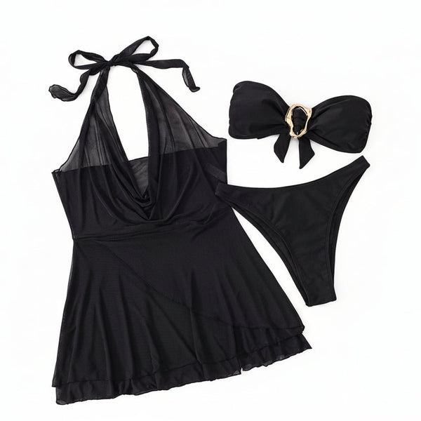 New And American Style Bikini Mesh Cover Up Three Piece Set  Tube Top Separated Swimsuit Swimwear