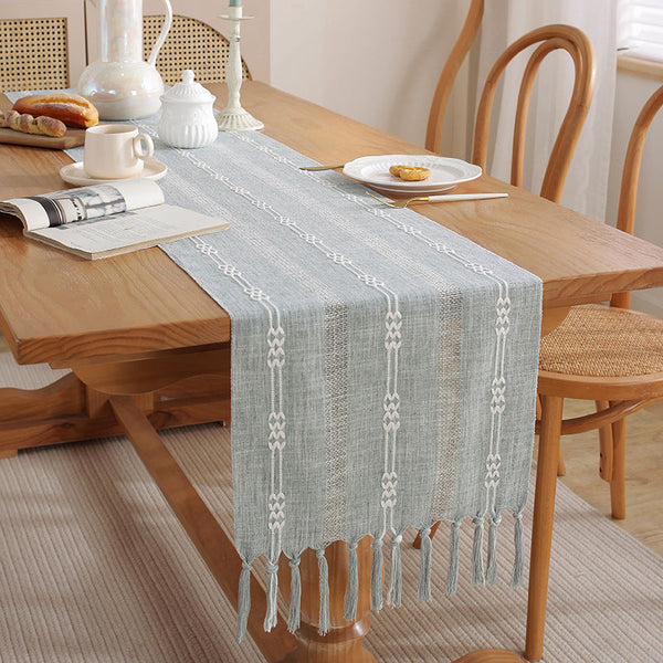 Hand Woven Cotton And Linen Table Flag With Hollow Tassels Perfect For Home Rustic Dining Tables Table Runners
