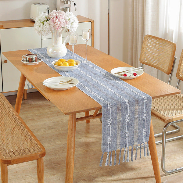 Hand Woven Cotton Linen Table Runner With Tassels Farmhouse Aesthetic Decor Table Cloths