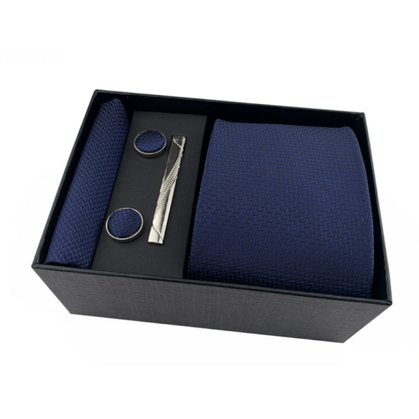 Men's Luxury Necktie Gift Set 4 Piece Set With Tie Pocket Square Cufflinks & Tie Clip(Pure Dark Blue) Ties