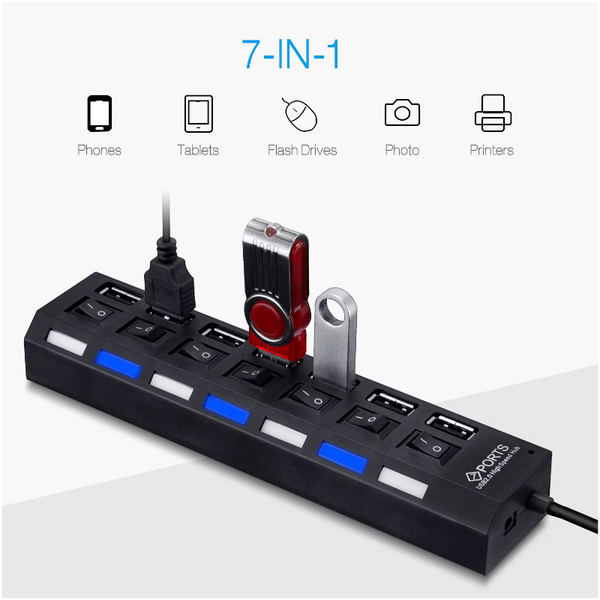 7-Port Usb 2.0 Hub Adapter With On/Off Switch Black