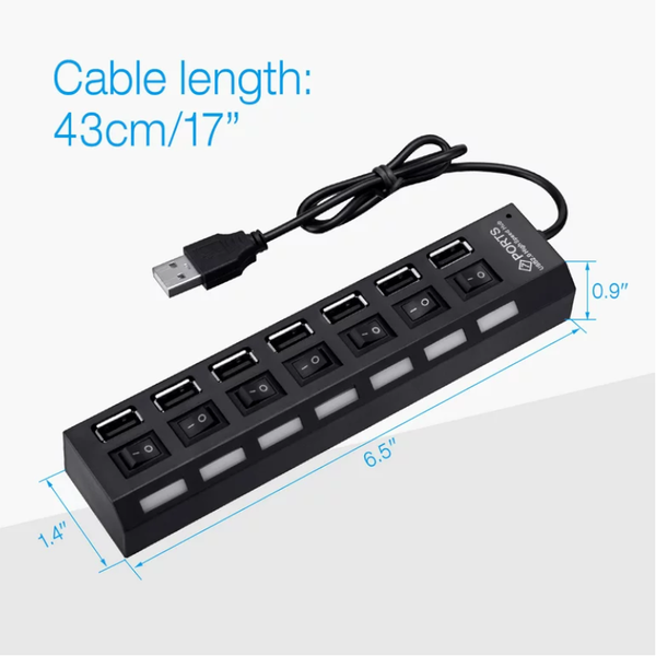 7 Port Usb 2.0 Hub Adapter With On/Off Switch Black Usb Cables Hubs & Adapters