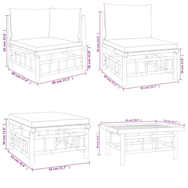 7 Piece Garden Lounge Set With Cream White Cushions Bamboo Loungers