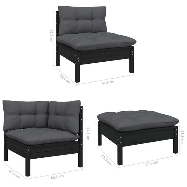 7 Piece Garden Lounge Set With Cushions Black Pinewood Patio Furniture Sets