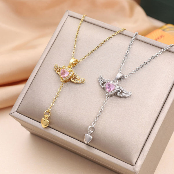 Veile Studios Moving Cupid Heart Angel Wings Tassel Necklace Crystal Clavicle Chain Women Jewelry Gift Necklaces & Pendants