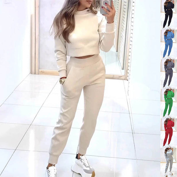 Stand Collar Sports Suit Fashion Pullover Long Sleeves Short Top And Slim Trousers With Pockets Solid Outfits Women's Clothing Other Home Décor