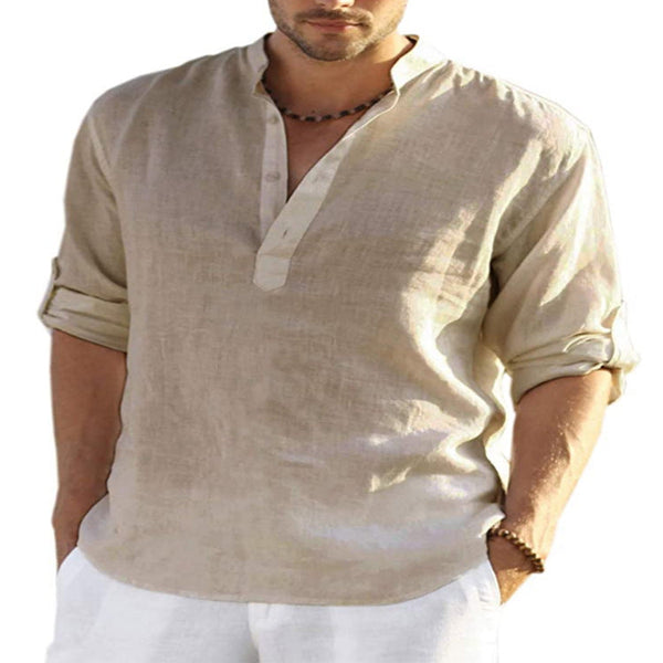 Men's Casual Cotton Linen Solid Color Long Sleeve Shirt Loose Stand Collar Casual Shirts