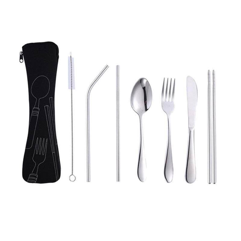 Kitchen Utensil Sets 7Pcs Travel Utensils With Case Portable Knife Fork Spoon Chopsticks Outdoor Tableware