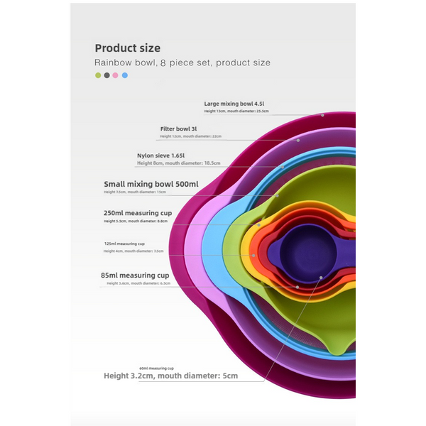 Light Pink 8 Piece Baking Tool Set Measuring Cups Spoons Rainbow Mixing Bowls Vegetable Washing Basket And Flour Sifter Other Baking Accessories