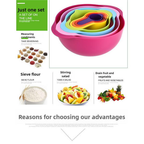 Elosung Blue 8 Piece Baking Tool Measuring Cups Spoons Rainbow Mixing Bowls Vegetable Washing Basket Flour Sifter Measuring Cups Jugs & Spoons
