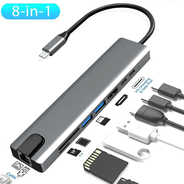 8 In 1 Usb C Hub Type To Hdmi Compatible Rj45 Ethernet 3.0 Ports Sdtf Card Reader Pd Power Delivery For Macbook Pro Usb Cables Hubs & Adapters
