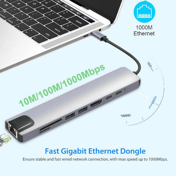 8 In 1 Usb C Hub Type To Hdmi Compatible Rj45 Ethernet 3.0 Ports Sdtf Card Reader Pd Power Delivery For Macbook Pro