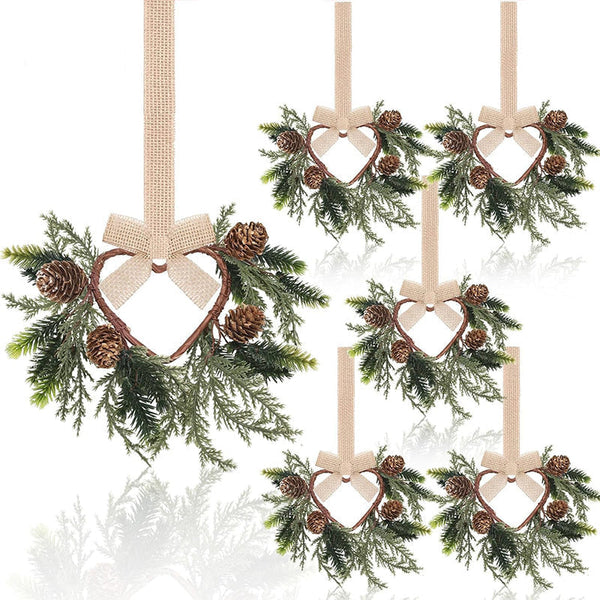 Farmhouse Mini Christmas Cabinet Wreaths Set Of 6 With Ribbon Tie Ons Seasonal Decorations