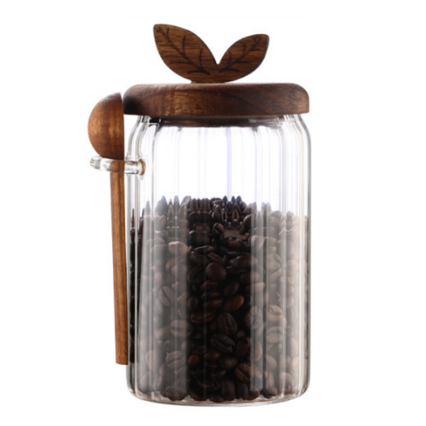 800Ml Premium Borosilicate Glass Storage Jar With Acacia Wood Lid & Integrated Spoon Airtight Moisture Proof Kitchen Canister For Tea Coffee And Spice