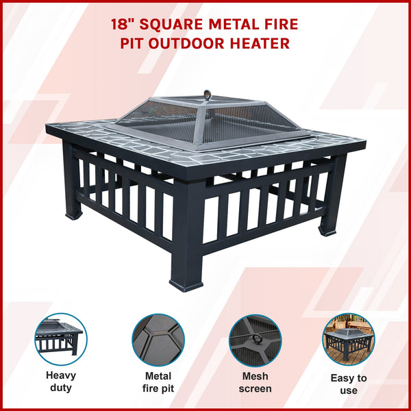 18" Square Metal Fire Pit Outdoor Heater Fire Pits