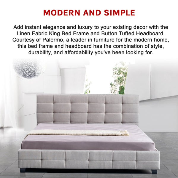 Linen Fabric King Deluxe Bed Frame Beige King Bed Frames