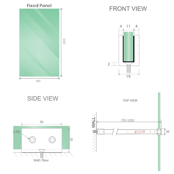 Della Francesca 80X200cm Single Shower Glass Screen With Black U Brackets & Square Pole Shower Enclosures