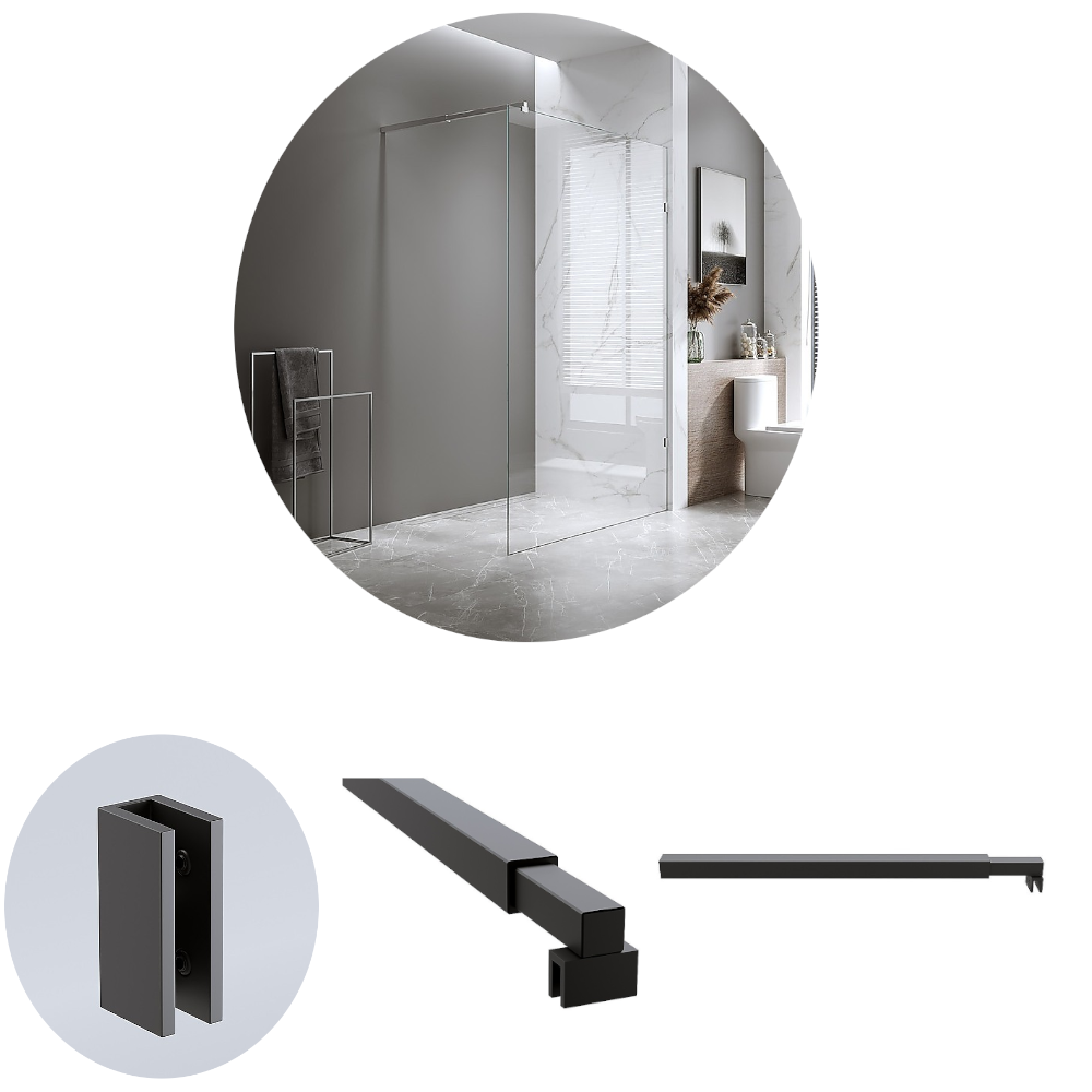 Della Francesca 80X200cm Single Shower Glass Screen With Black U Brackets & Square Pole Shower Enclosures