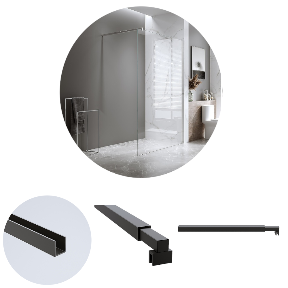 Della Francesca 80X200cm Single Shower Glass Screen With Black Wall Channel & Square Pole Shower Enclosures