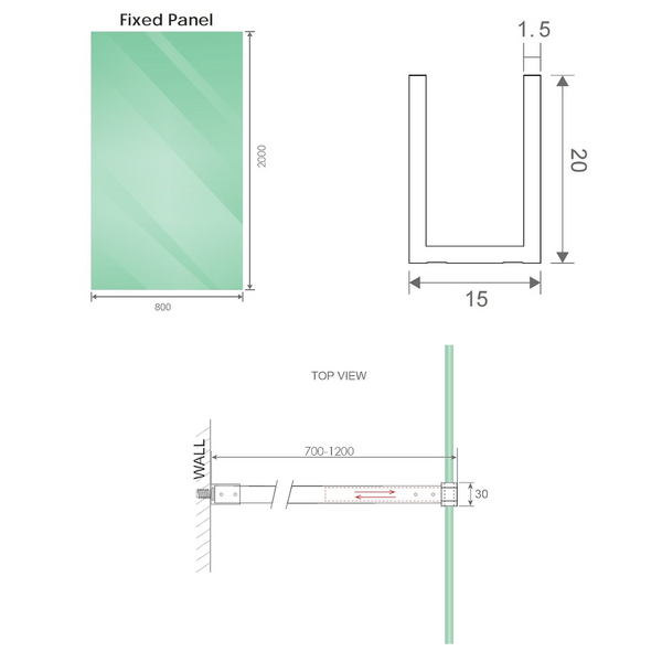 Della Francesca 80X200cm Single Shower Glass Screen With Chrome Wall Channel & Round Pole Shower Enclosures